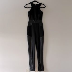 Black stretch faux leather jumpsuit